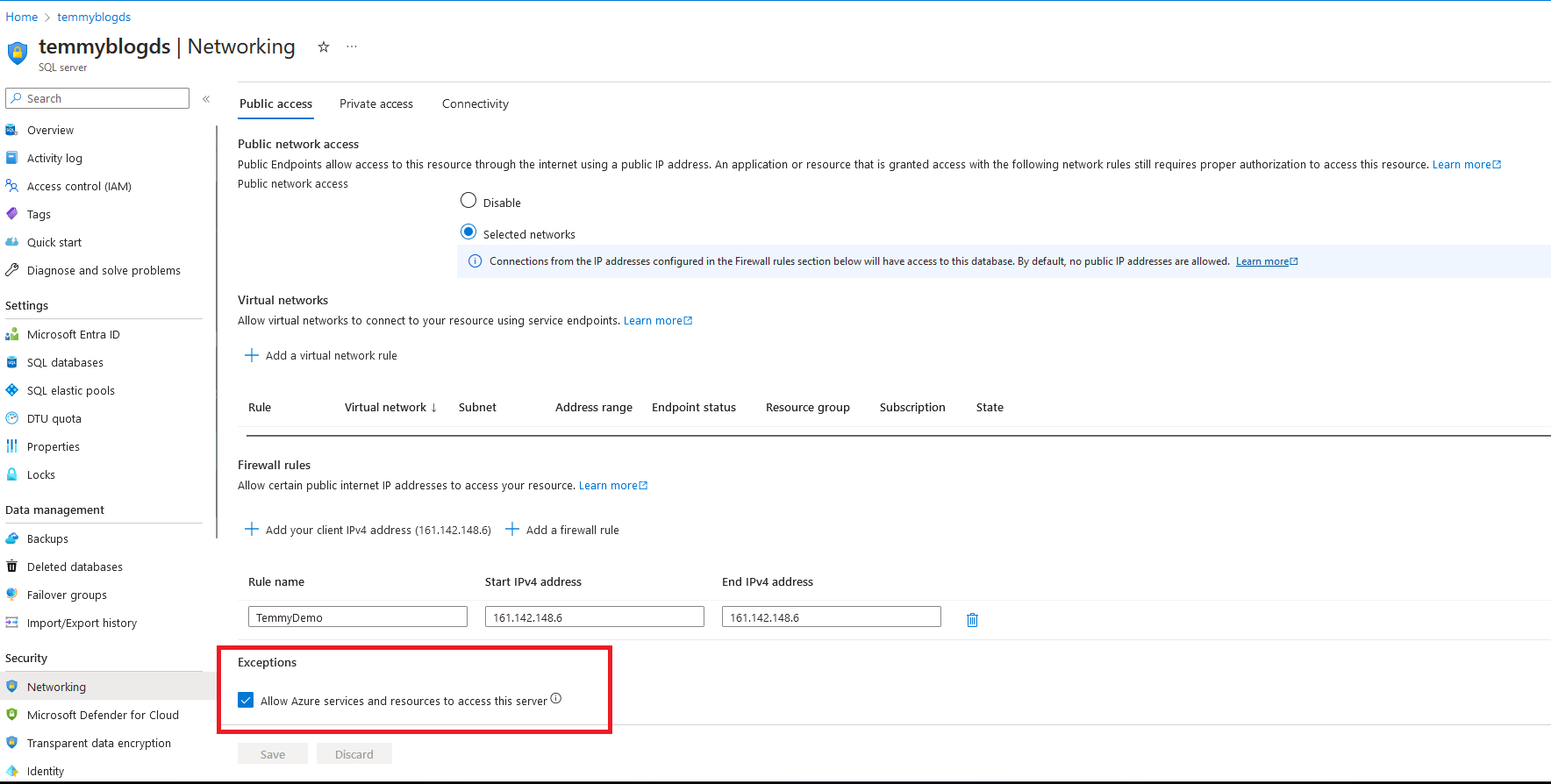 Allow Azure services and resources to access this server